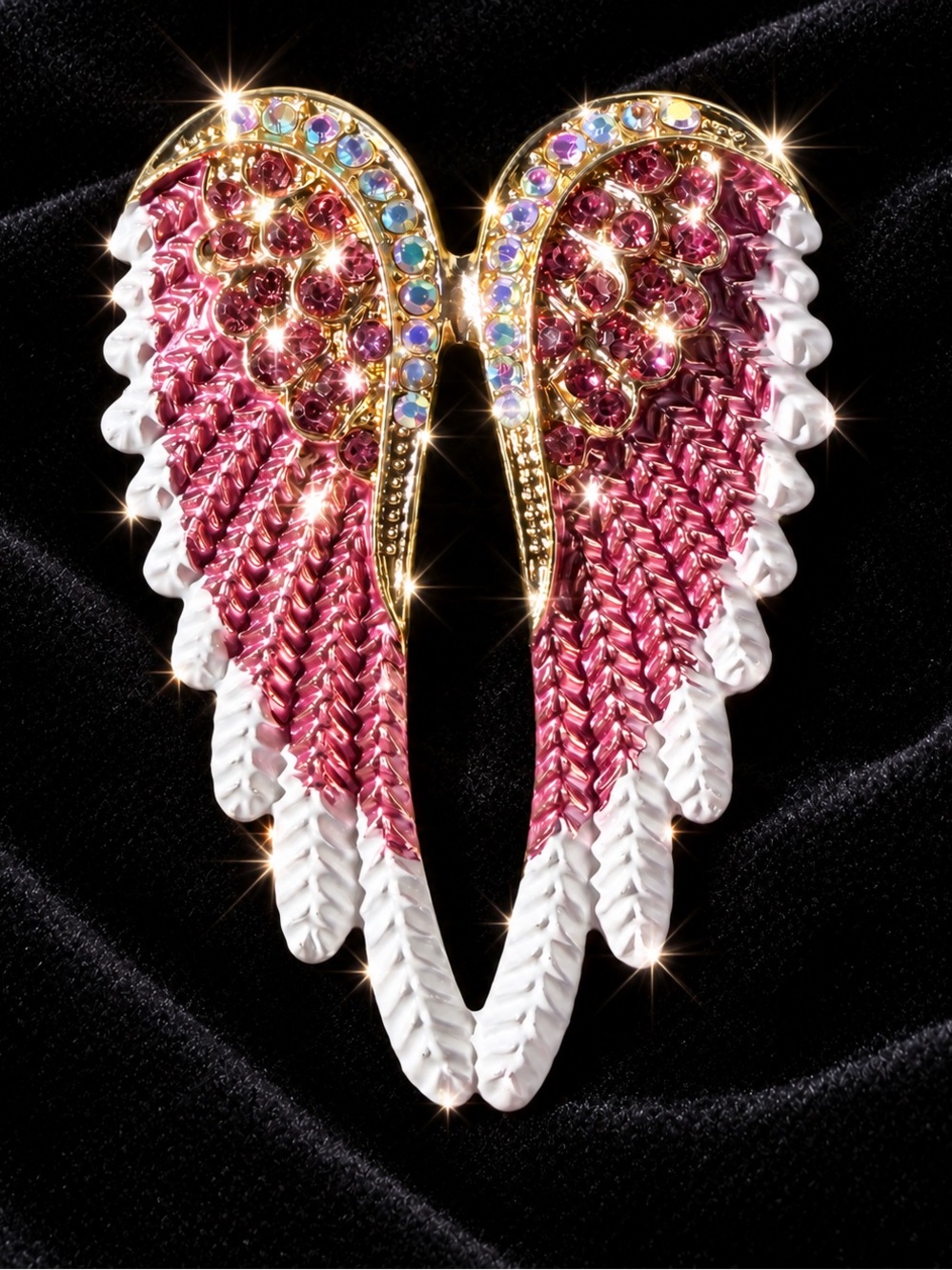 Gold-Tone Pink & White Angel Wing Brooch with Crystal Accents